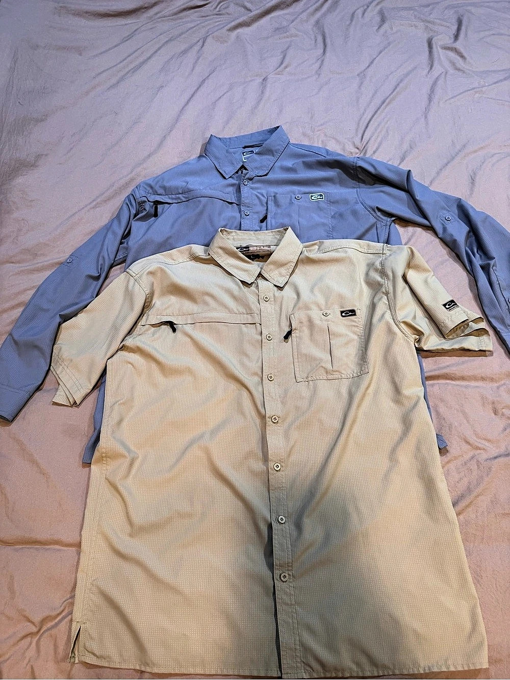 Drake Performance Fishing Shirt Tan & Blue Size Large